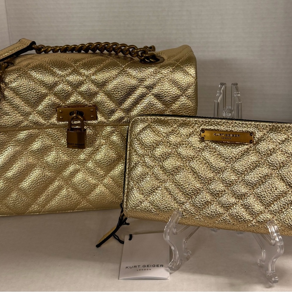 NWT Beautiful Kurt Geiger Gold Quilted Women's Bag Set. KGL BRIXTON LOCK BAG.